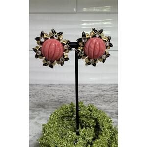 Vtg Craft Signed Cabochon Coral & Rhinestone Flower Statement Clip On Earrings